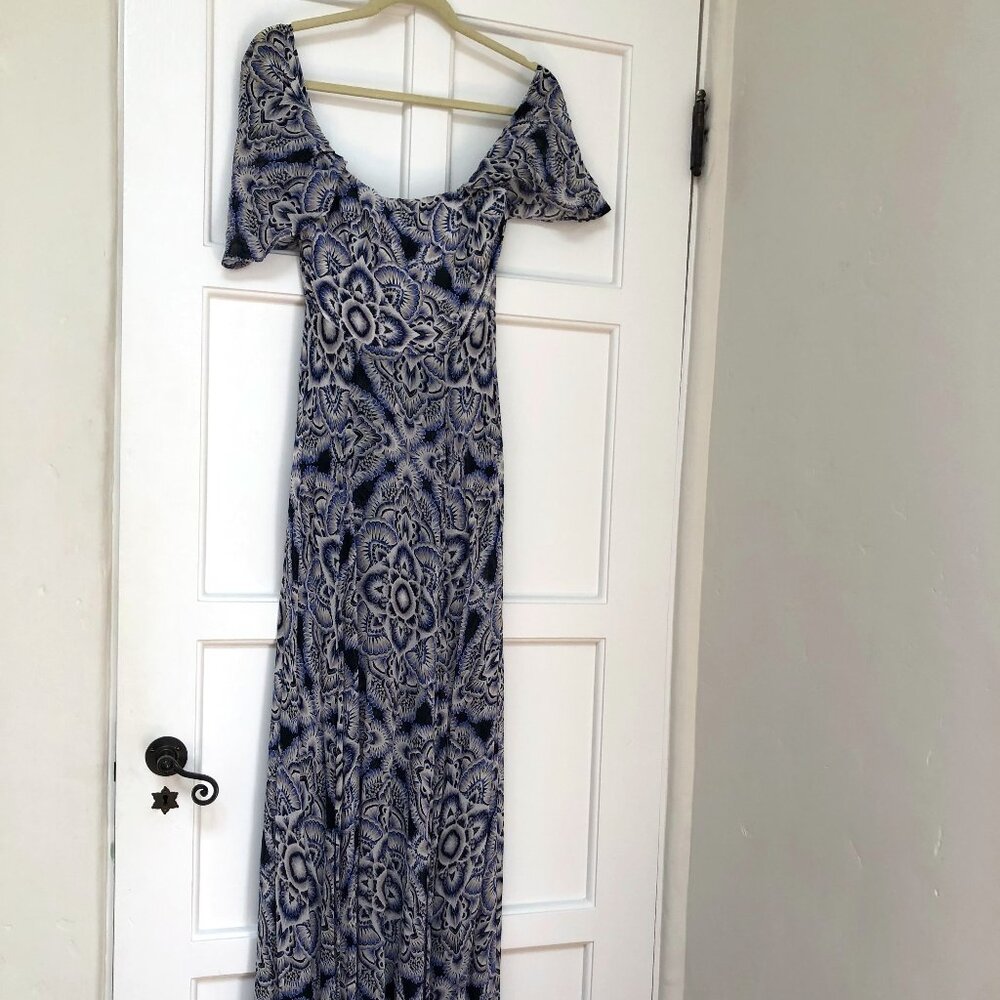 Reformation Blue Floral Kaleidoscopic Strapless Maxi Dress